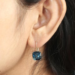 14KT Gold London Blue Topaz Cushion Drop Earrings