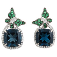 14KT Gold London Blue Topaz & Tsavorite Butterfly Halo Earrings
