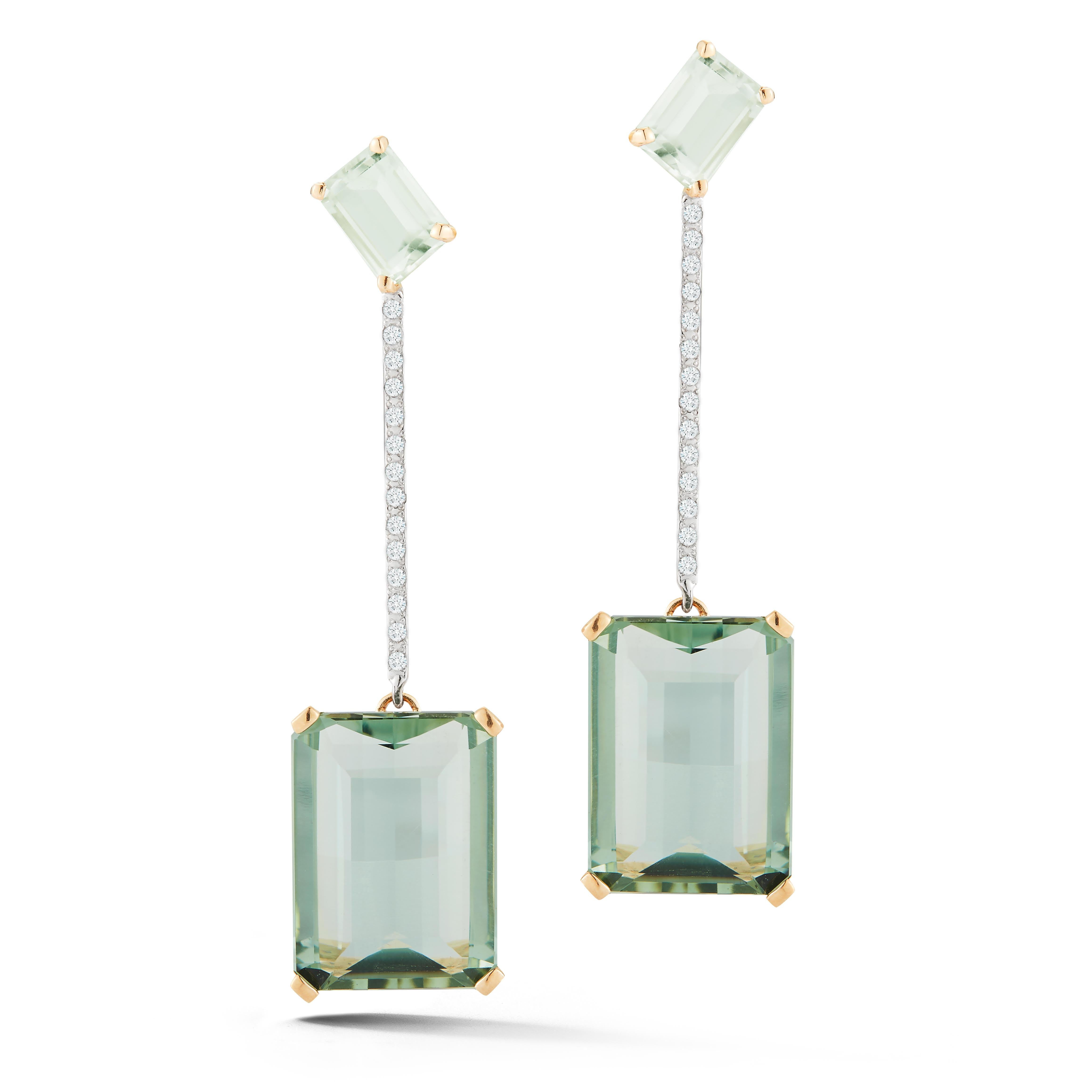 Beautifully handcrafted in New York of solid 14kt yellow gold, emerald cut amethyst of two shades with brilliant diamonds.  These strikingly beautiful earrings are the perfect way to add color to ones look and stand out.