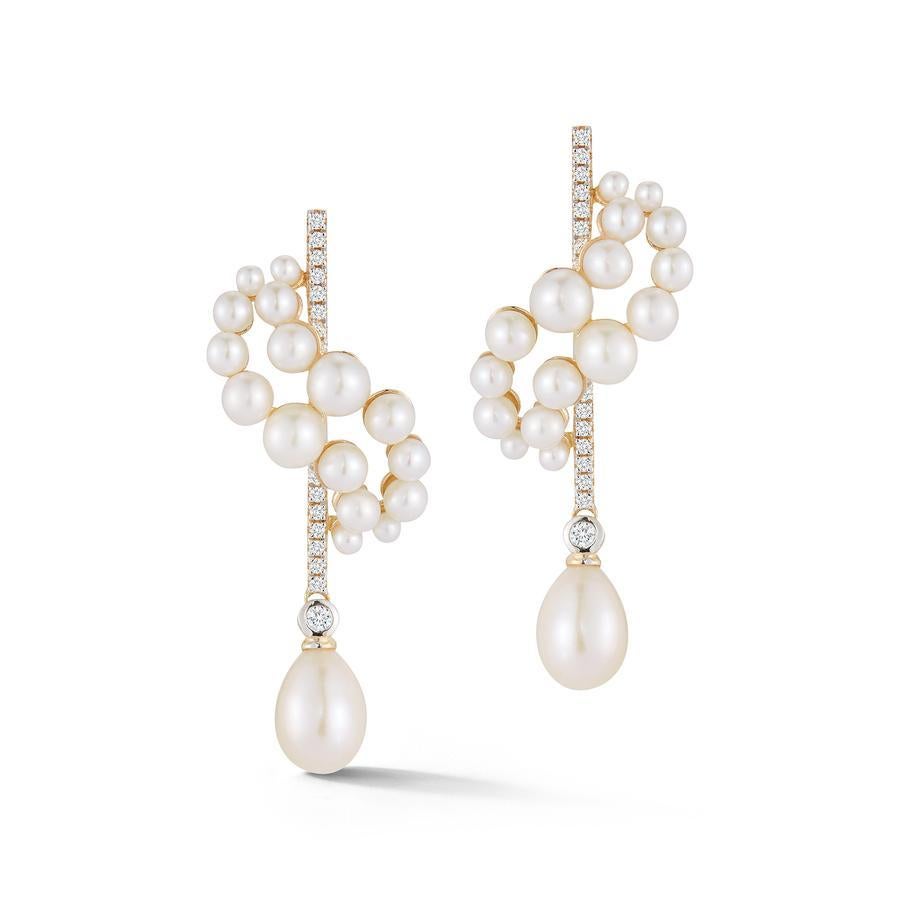 Ball Cut 14 Karat Gold Pearl Curve Form Earrings with Drops For Sale