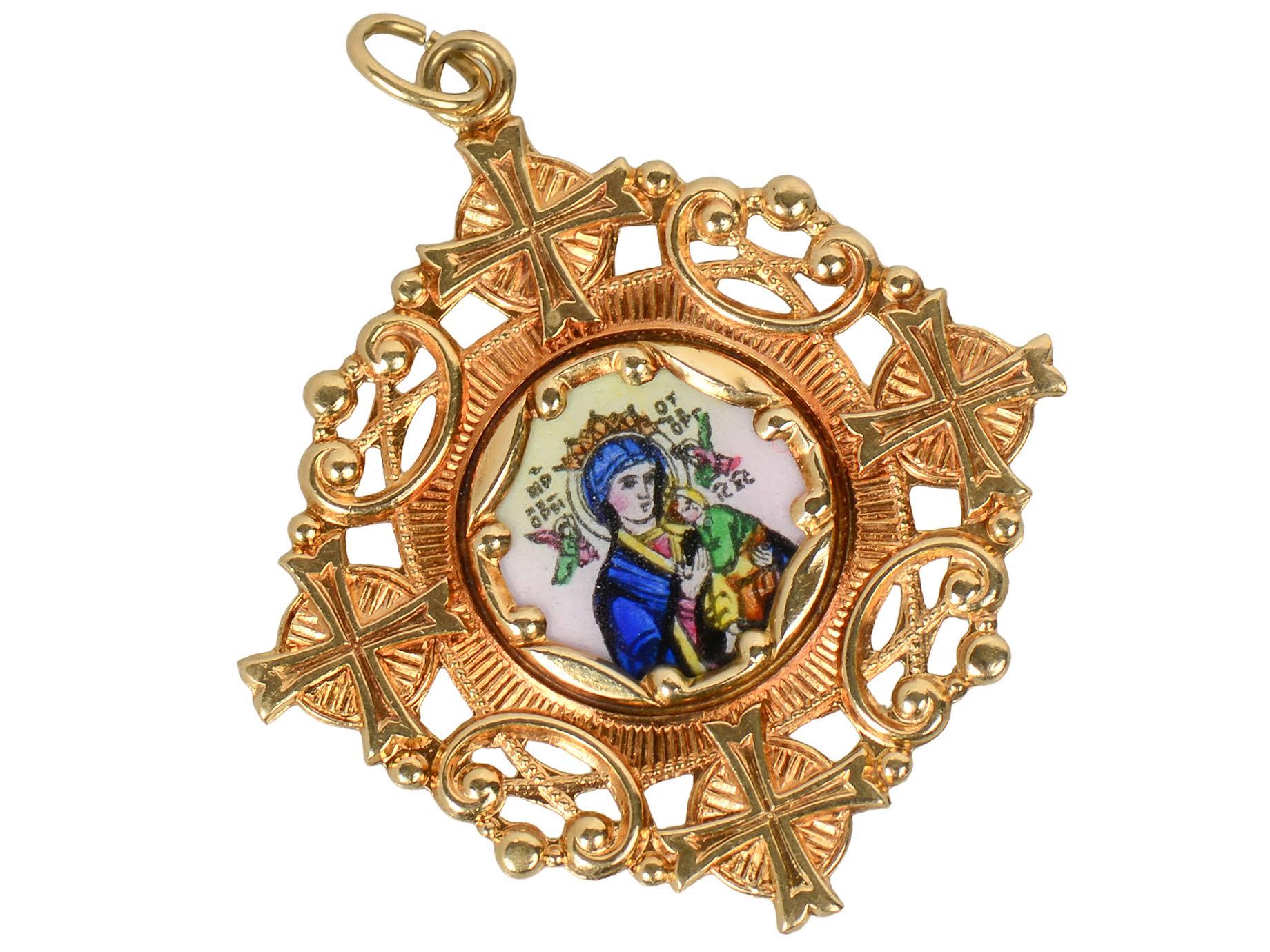 Retro Gold and Enamel Religious Medal of Jesus and Mary (#2077dbs)
An intricate religious medal in enamel and 10 kt Gold shows Mary holding baby Jesus painted on one side and Jesus on the reverse. Mary wears a golden crown. There are two angels at