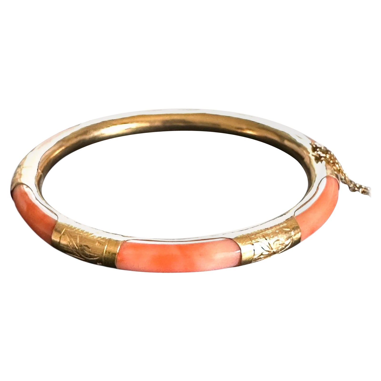 Vintage 14k Yellow Gold Pink Coral Hinged Bangle Bracelet, 1970s