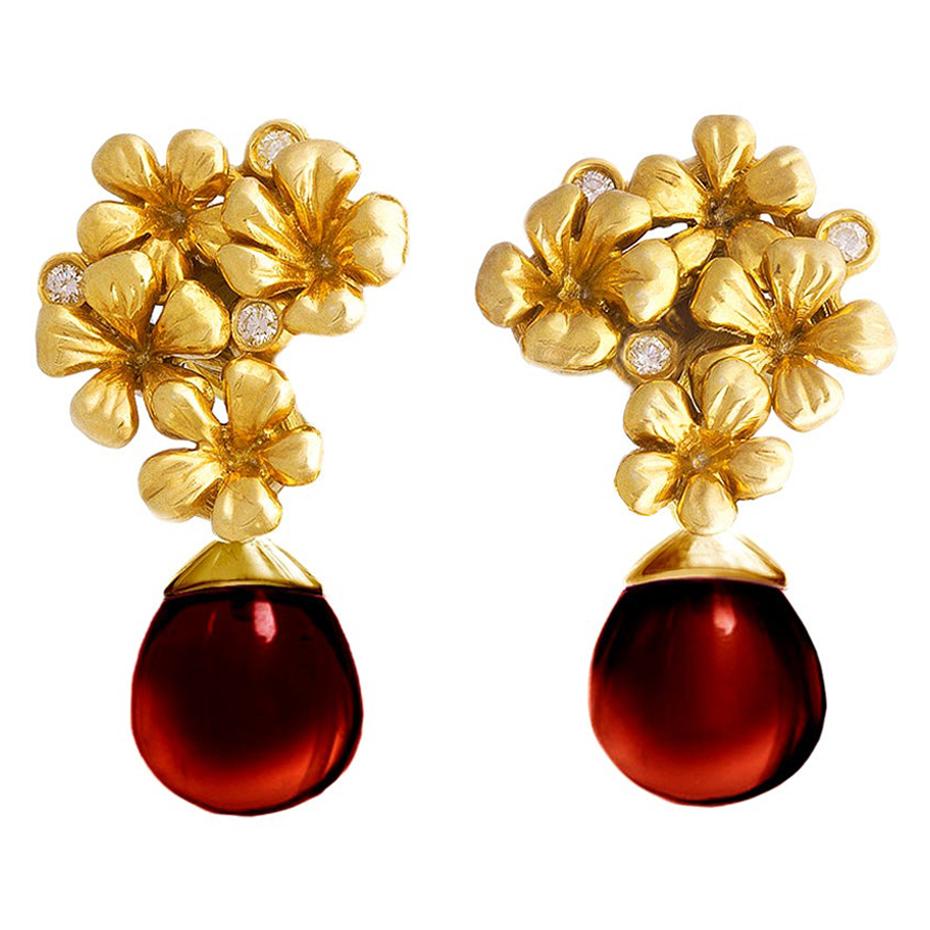 Fourteen Karat Gold Plum Flowers Contemporary Earrings with Diamonds and Garnet For Sale