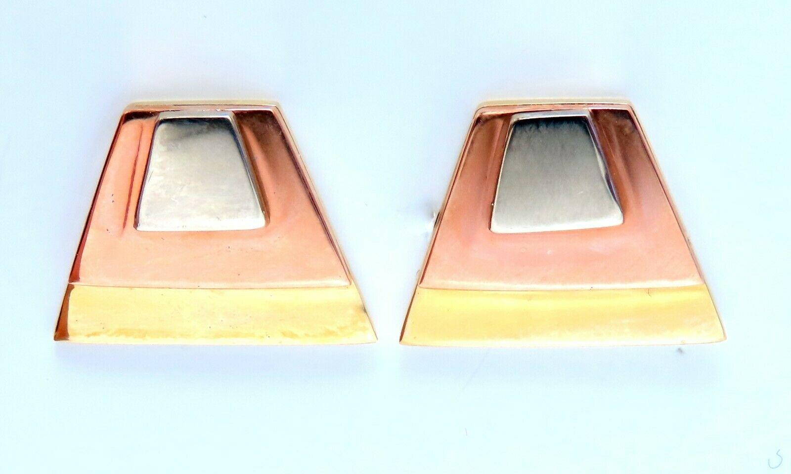 Women's or Men's 14Kt Gold Pyramid Tri Color Minimalist Earring Handmade Artisan For Sale