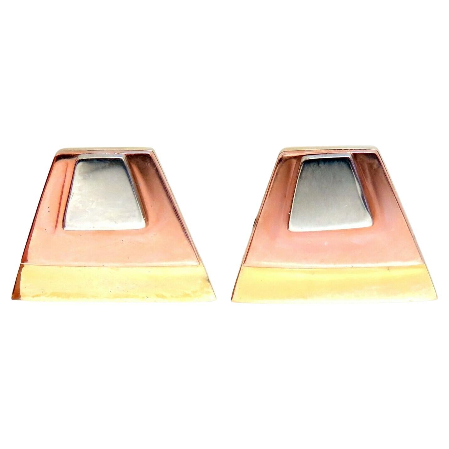 14Kt Gold Pyramid Tri Color Minimalist Earring Handmade Artisan For Sale