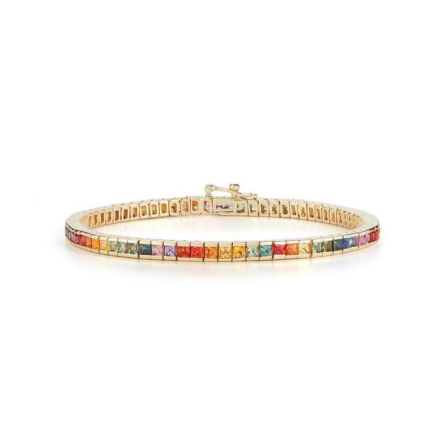 This stunner is skillfully made in New York of 14kt yellow gold and princess cut vibrant rainbow sapphires. Elegant and timeless in necklace looks perfect with a t-shirt or paired with an elegant evening attire. 
