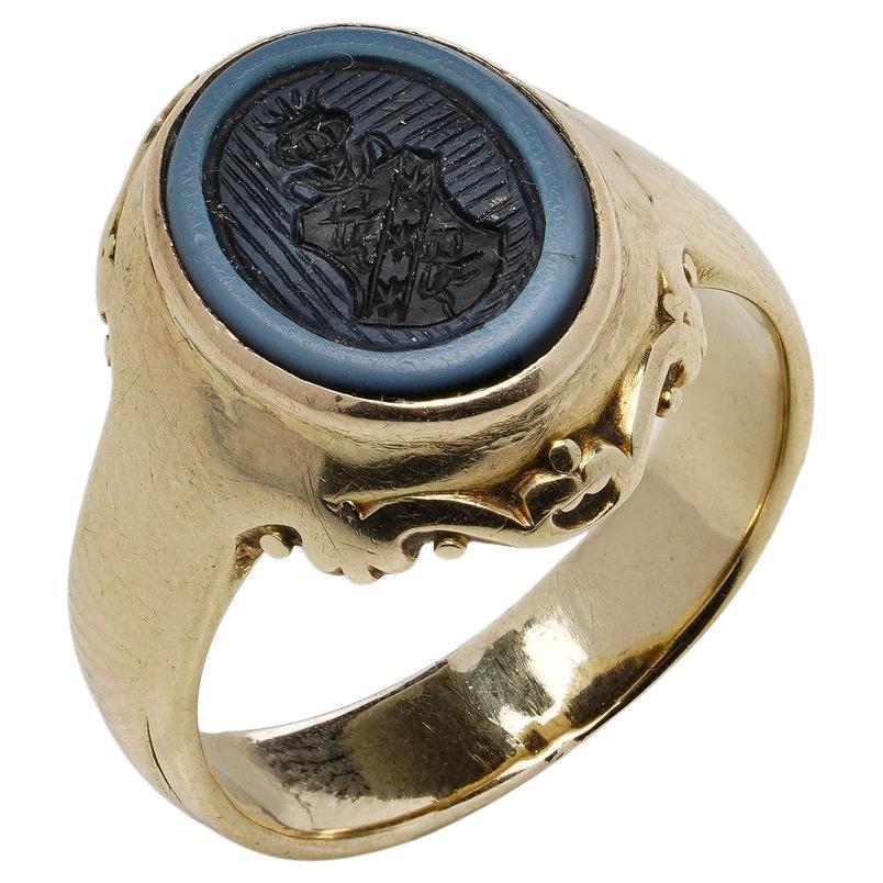 14kt Gold Sardonyx Signet Ring with Engraved Family Crest
