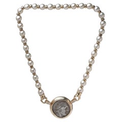 14KT Gold South Sea Cultured Pearl Necklace with Ancient Coin Pendant