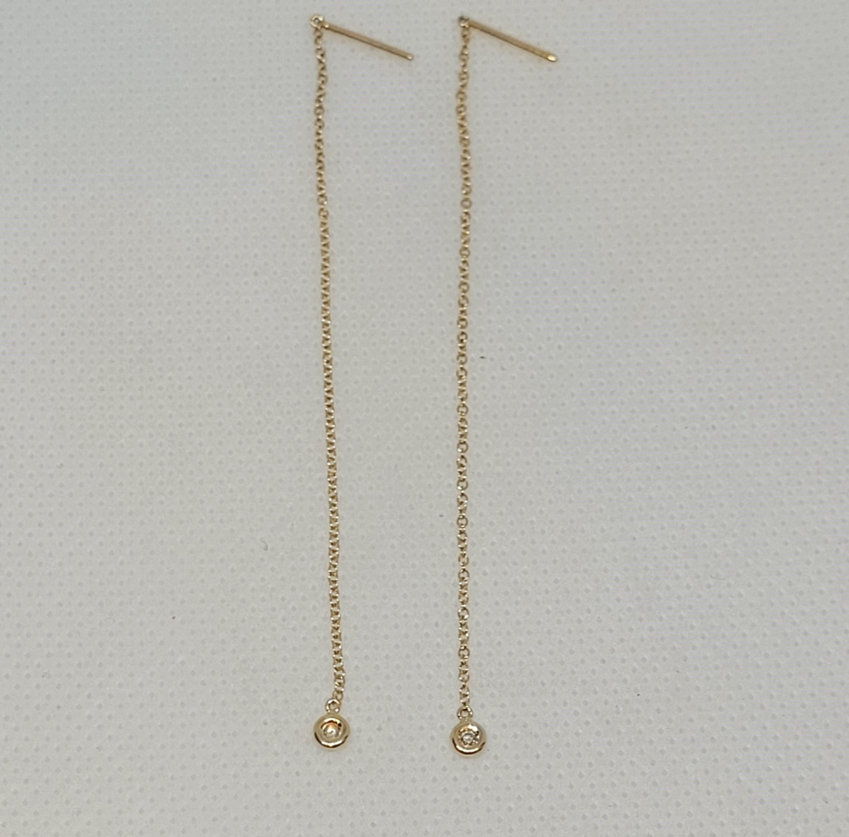 Modern 14kt Gold Thread Chain Earrings with Two Bezel Set Diamonds of Approx. .04cttw For Sale