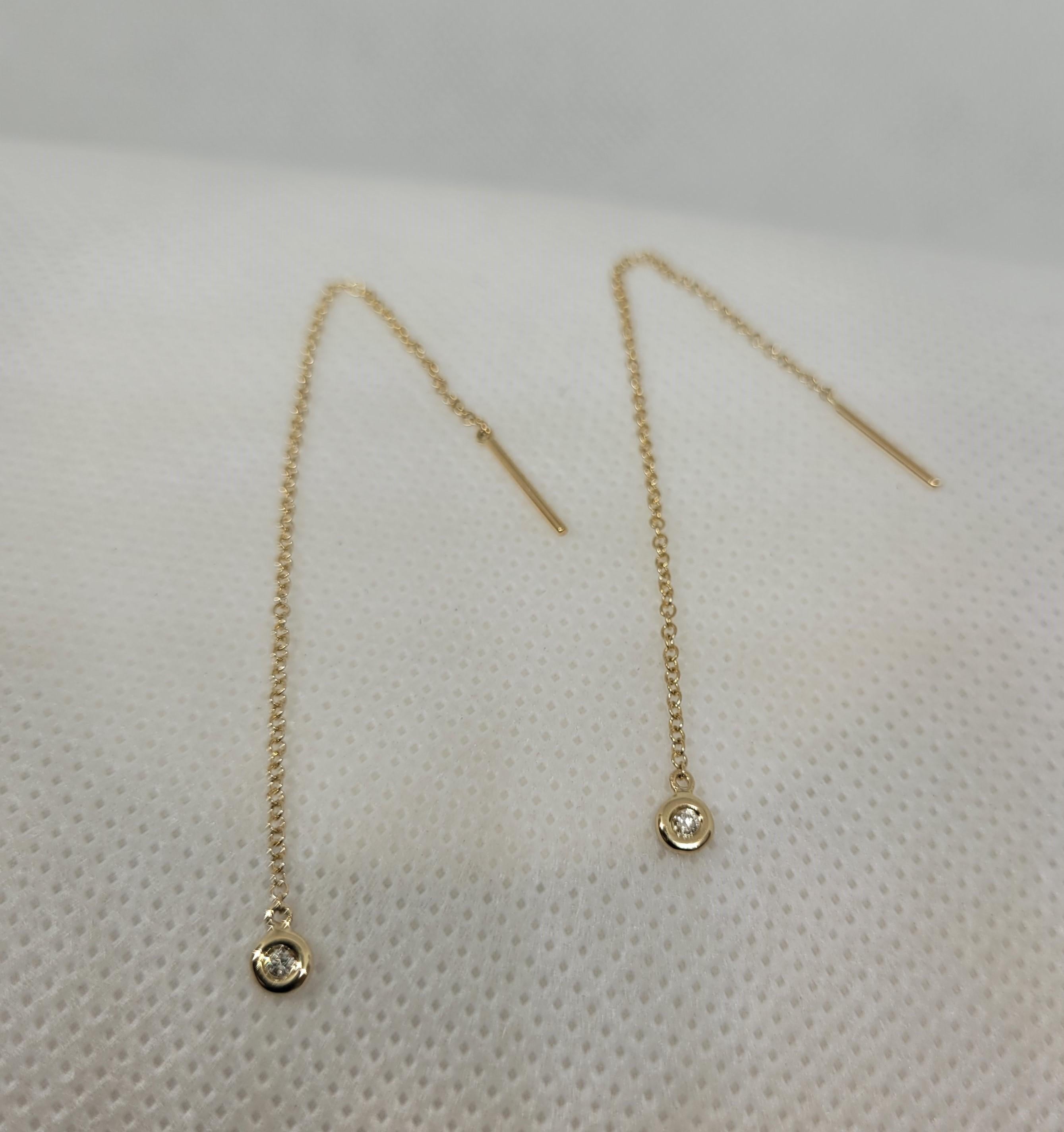 Round Cut 14kt Gold Thread Chain Earrings with Two Bezel Set Diamonds of Approx. .04cttw For Sale