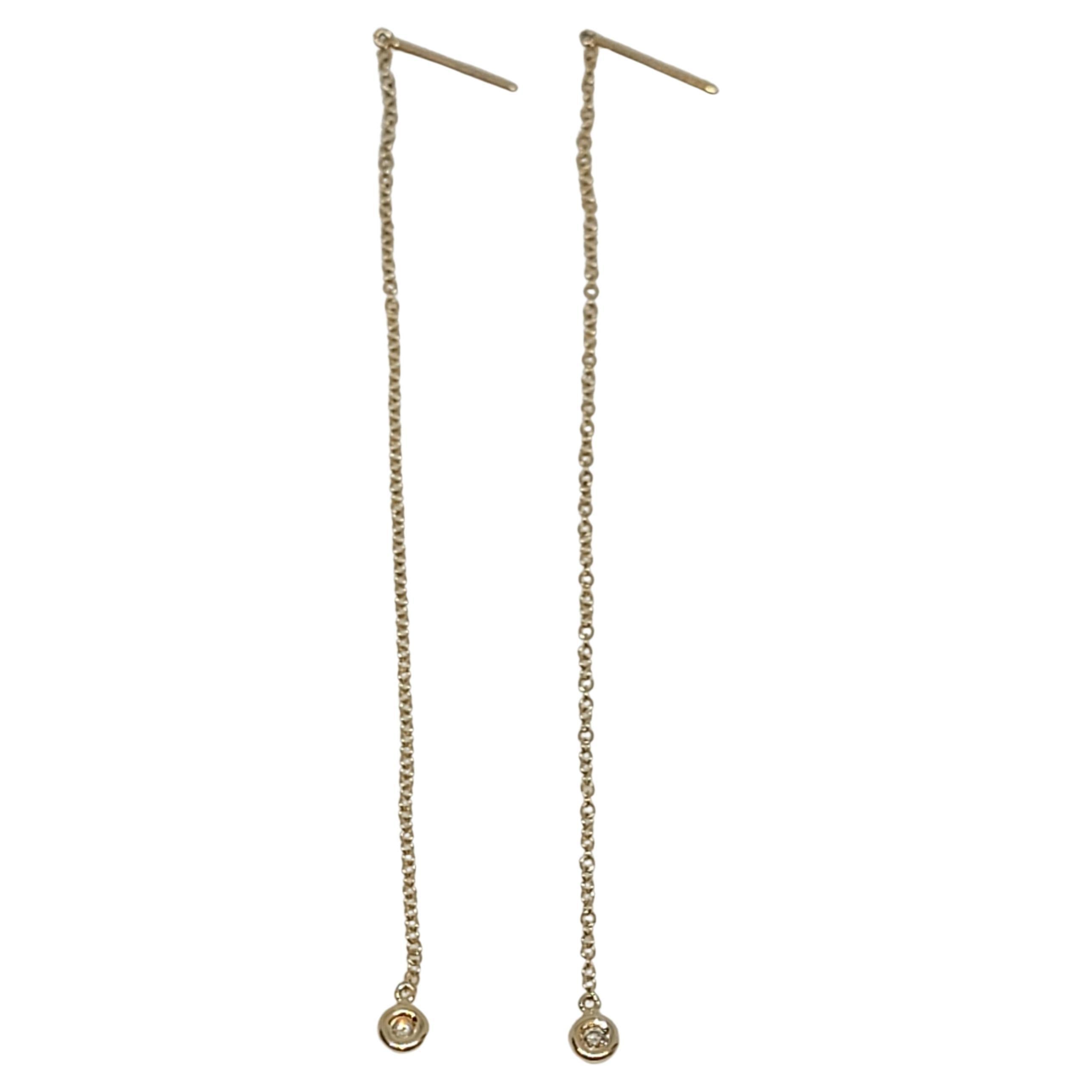 14kt Gold Thread Chain Earrings with Two Bezel Set Diamonds of Approx. .04cttw For Sale