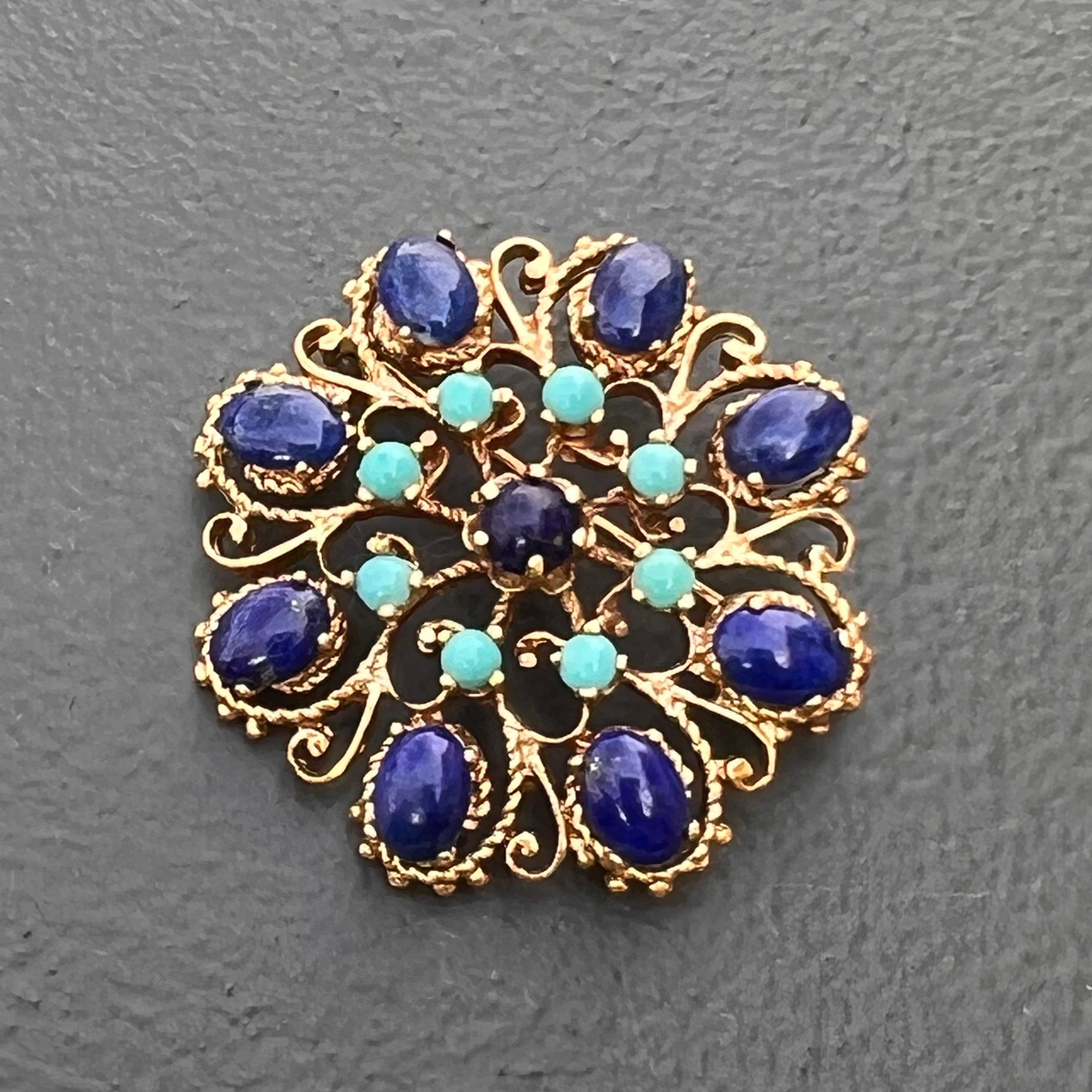 Gorgeous vintage Victorian revival 14kt solid gold pin/brooch with prong set lapis and Persian turquoise stones set on an open work base and beaded boarder .Rollover clasp .
marked 14kt on backside .
Oval lapis stones are approx. 1/4 inches x 1/8