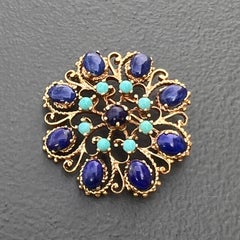 14 Karat Gold Turquoise and Lapis Victorian  Revival Brooch