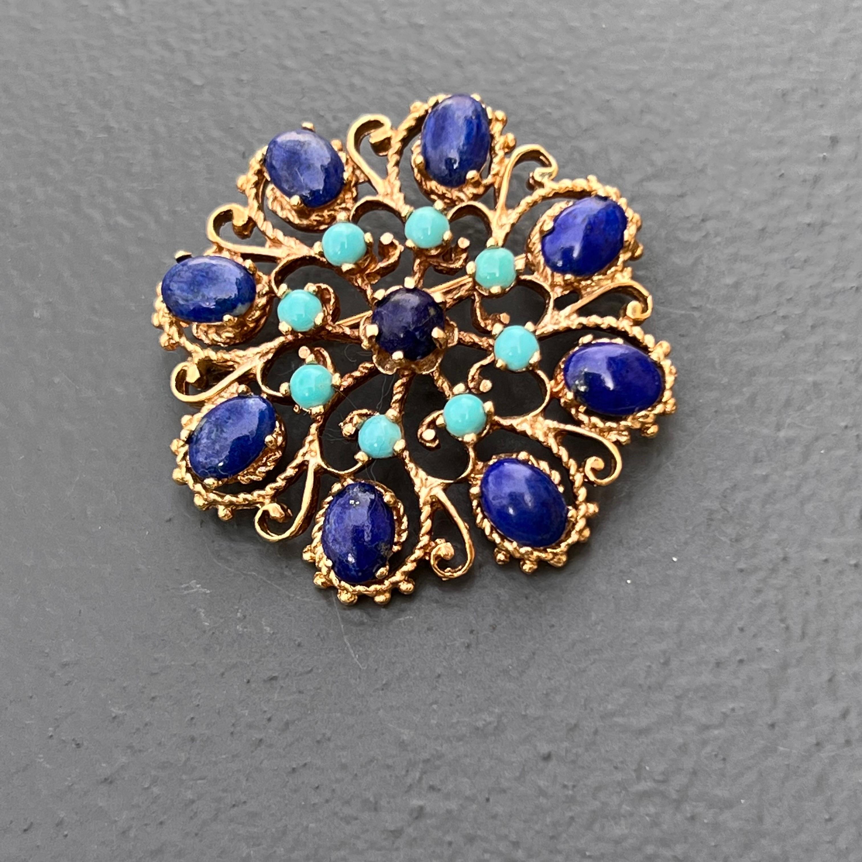 Mixed Cut 14 Karat Gold Turquoise and Lapis Victorian  Revival Brooch For Sale