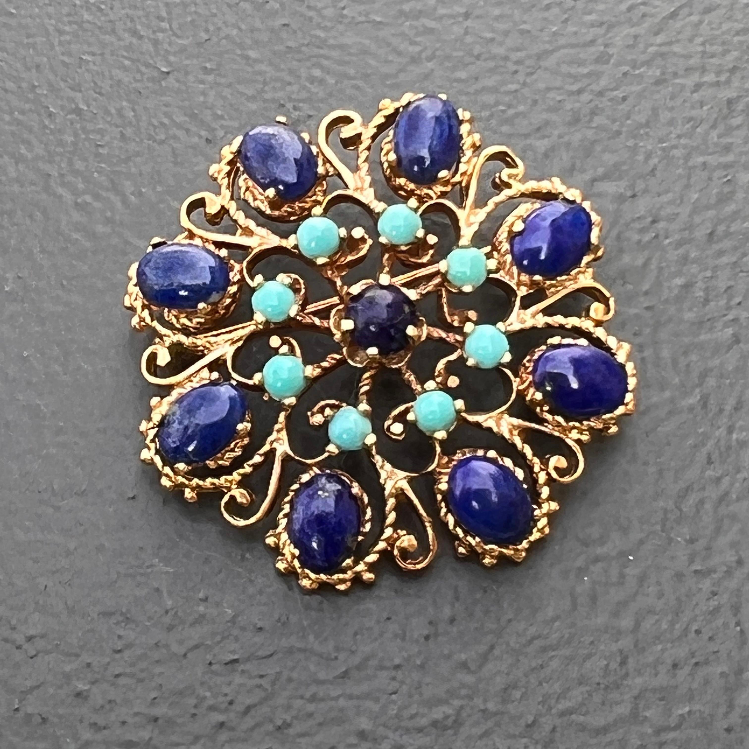 14 Karat Gold Turquoise and Lapis Victorian  Revival Brooch In Good Condition For Sale In Plainsboro, NJ