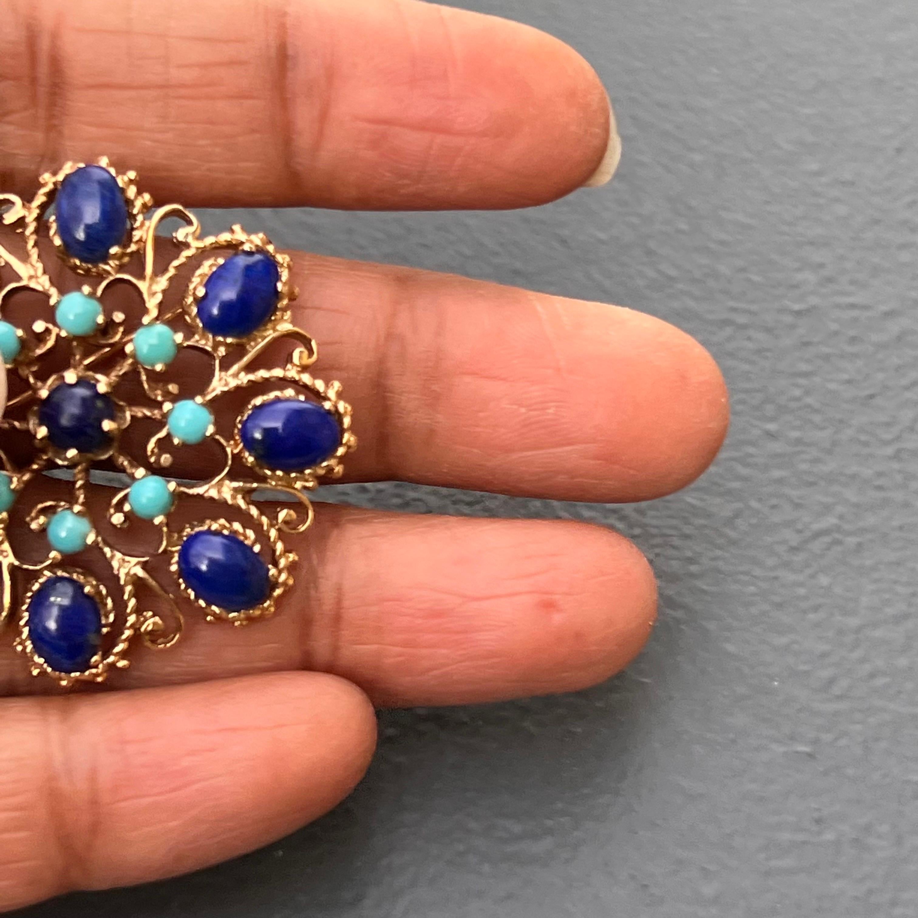 Women's 14 Karat Gold Turquoise and Lapis Victorian  Revival Brooch For Sale