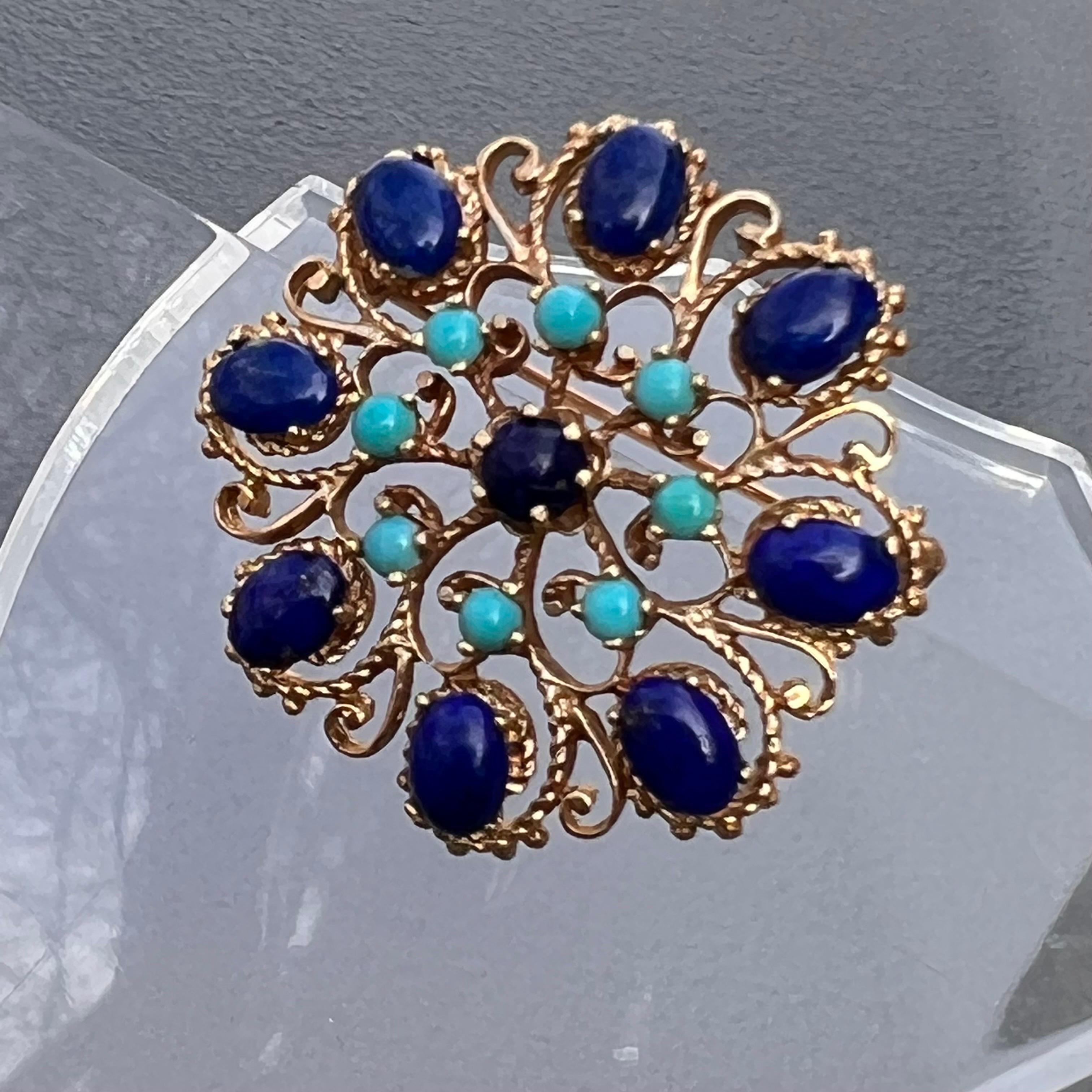 14 Karat Gold Turquoise and Lapis Victorian  Revival Brooch For Sale 1