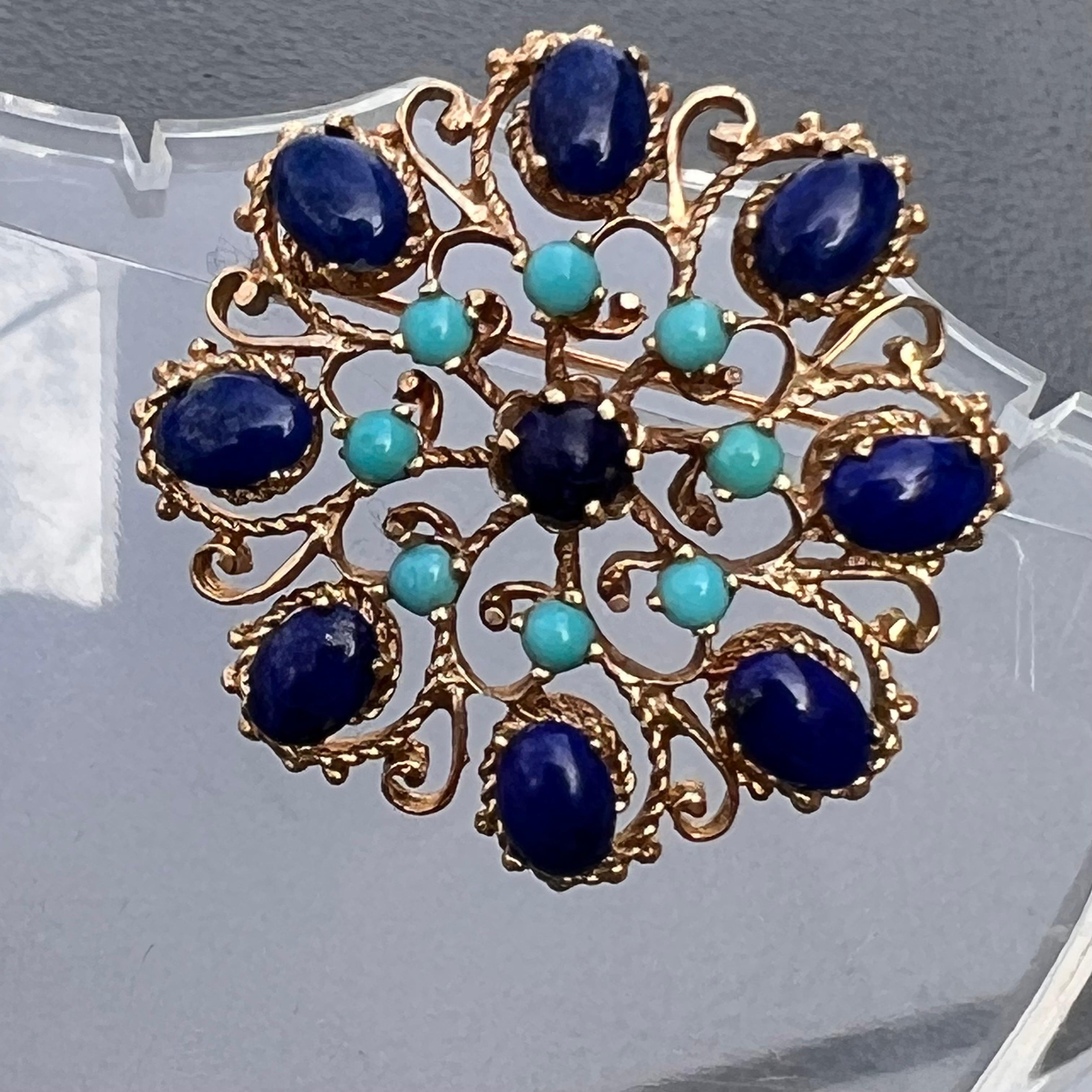 14 Karat Gold Turquoise and Lapis Victorian  Revival Brooch For Sale 2