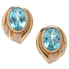 14kt Gold Vintage Blue Topaz and Diamond Clip-On Earrings – 20 cts Topaz & 0.24