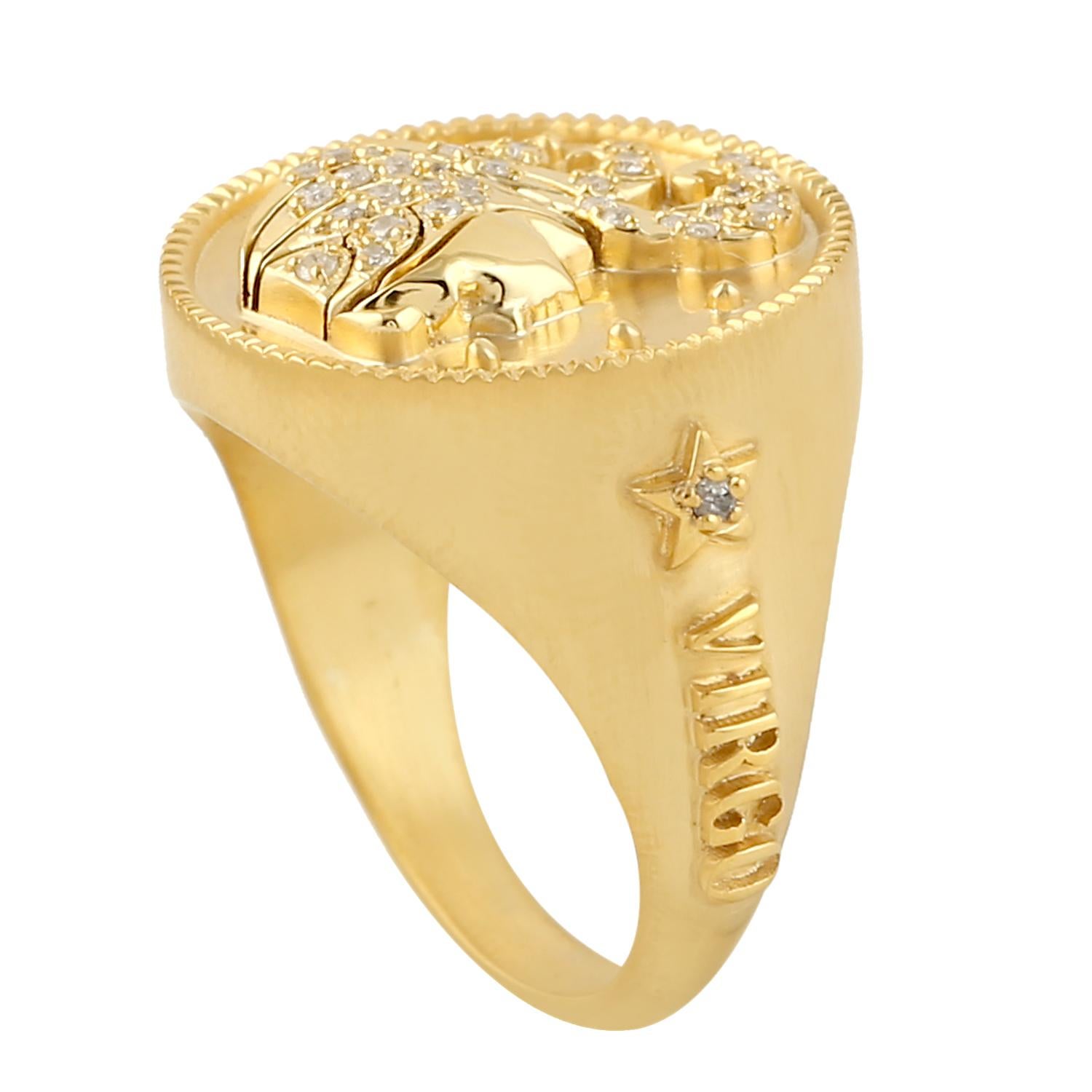 Women's 14k Golden Ring With Pave Diamong Setting In Swirl Virgo Zodiac Sunsign For Sale