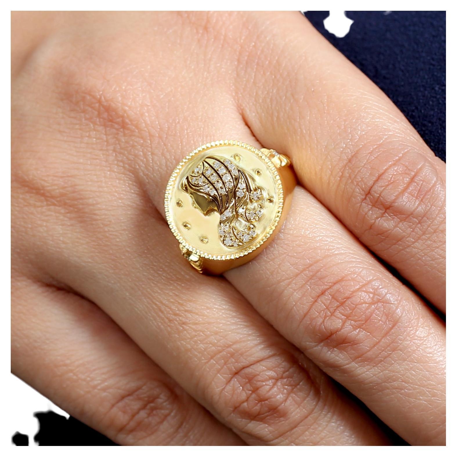 Modern 14k Golden Ring With Pave Diamong Setting In Swirl Virgo Zodiac Sunsign For Sale
