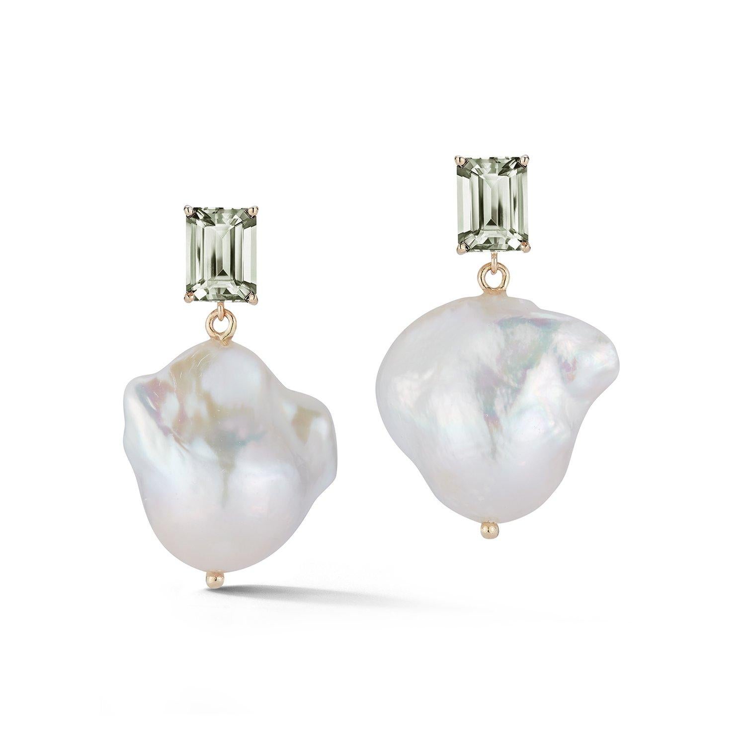 These remarkably beautiful earrings are made in New York city of 14kt yellow gold, green amethyst and one of kind baroque pearls. Mateo's obsession with baroque pearls continues using colored gemstones to compliment the pearl's luster. 
