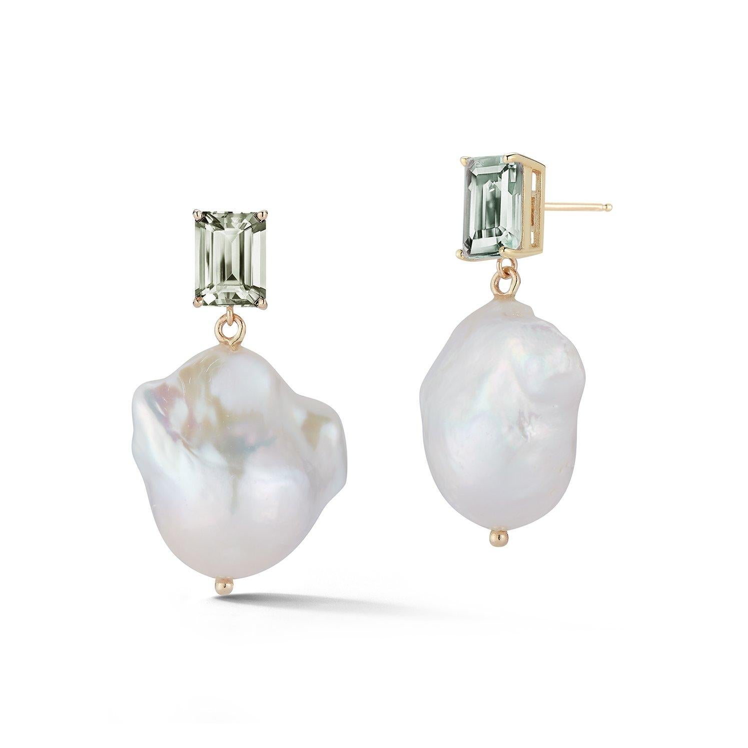 Modern 14kt Green Amethyst and Baroque Pearl Drop Earrings For Sale