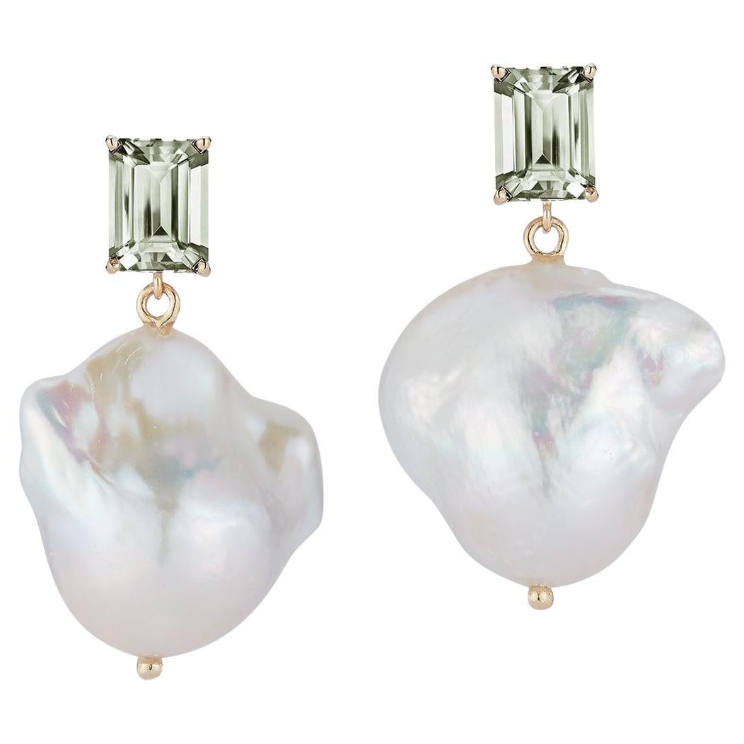 14kt Green Amethyst and Baroque Pearl Drop Earrings For Sale
