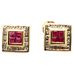 14kt Invisible Set Ruby and Diamond Halo Earrings