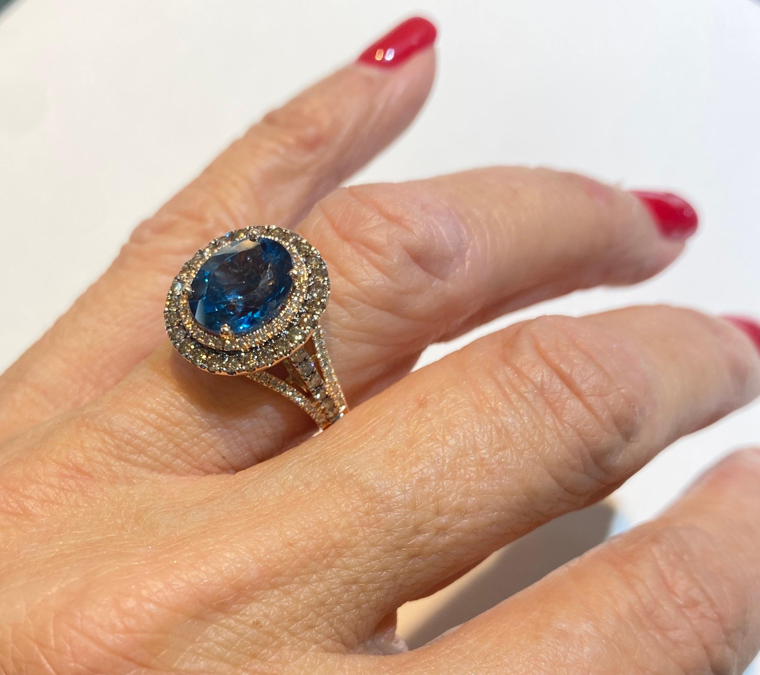 Contemporary 14Kt Le Vian Blue Topaz and Chocolate Diamond Rose Gold Ring