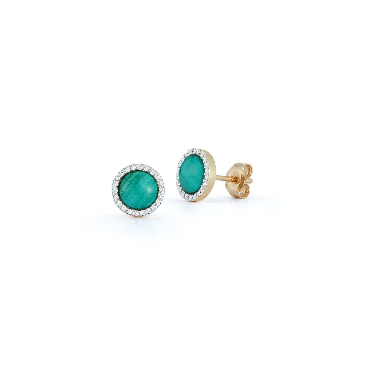 These chic and timeless studs are the perfect go-to earrings. Beautifully made in New York city of 14kt yellow gold, malachite and diamonds. 