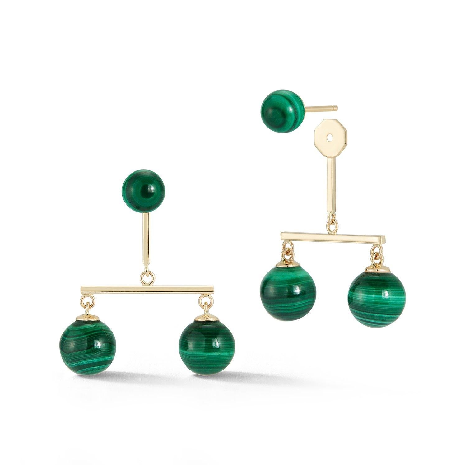 Beautifully made in New York of solid 14kt gold and vibrant malachite. These earrings are truly a work of art. Mateo draws inspiration from the artist Alexander Calder. Earring can be worn as a total set or just as a malachite stud. 