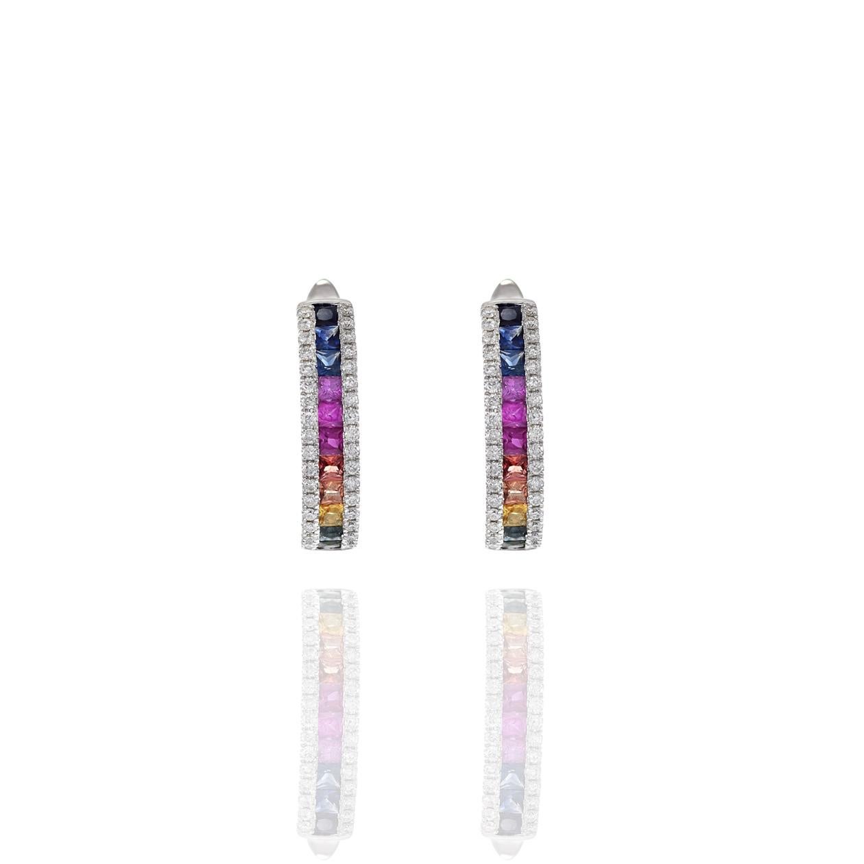 Modern 14KT Multi Color Sapphire And Diamond Huggie Earrings For Sale