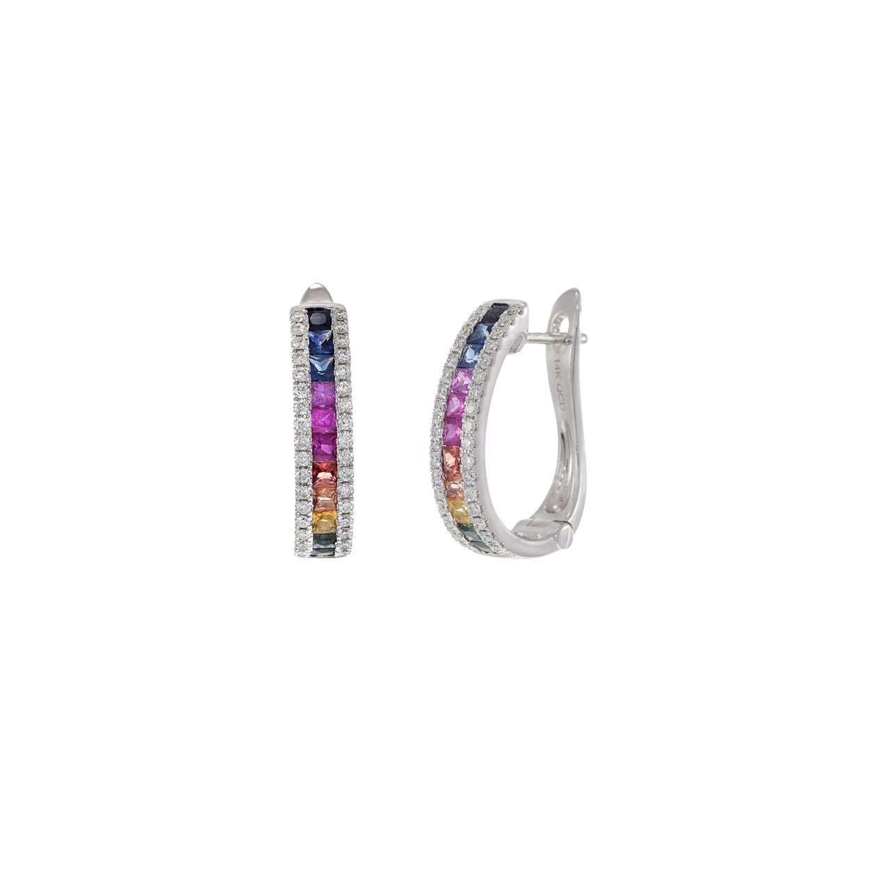 Round Cut 14KT Multi Color Sapphire And Diamond Huggie Earrings For Sale
