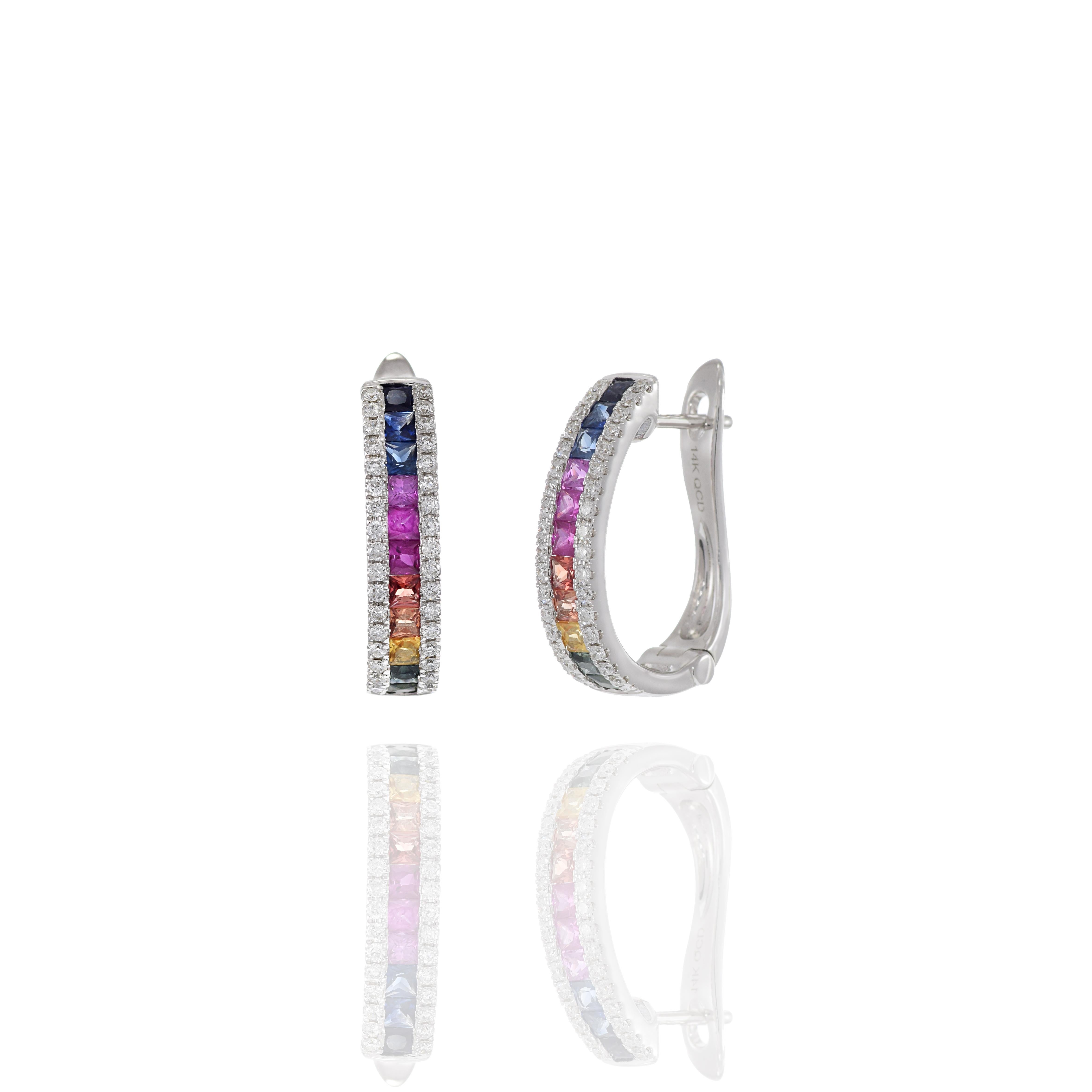 14KT Multi Color Sapphire And Diamond Huggie Earrings In New Condition For Sale In New York, NY
