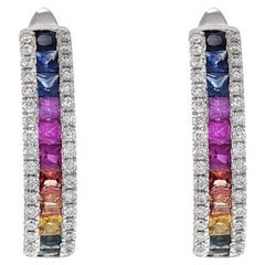 14KT Multi Color Sapphire And Diamond Huggie Earrings