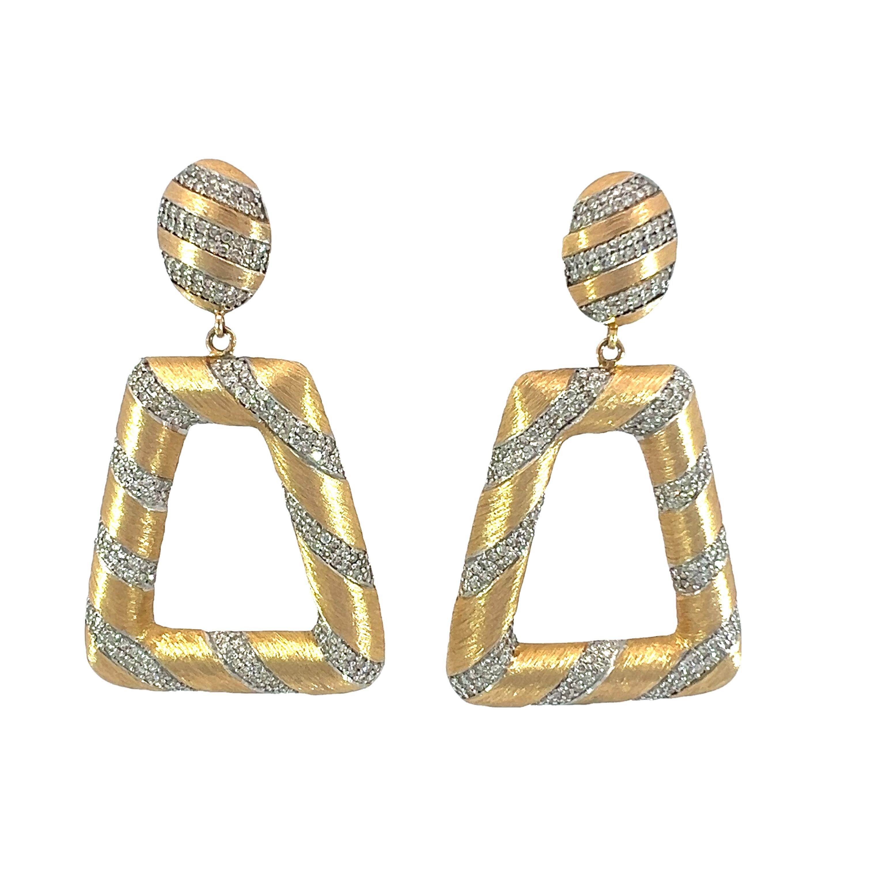 These gorgeous natural 2.25-carat diamond striped earrings features with 14-karat yellow gold earrings are the purest form of beauty. These earrings, with their unique geometric pattern, are ideal for giving every look a stylish touch. Shining at