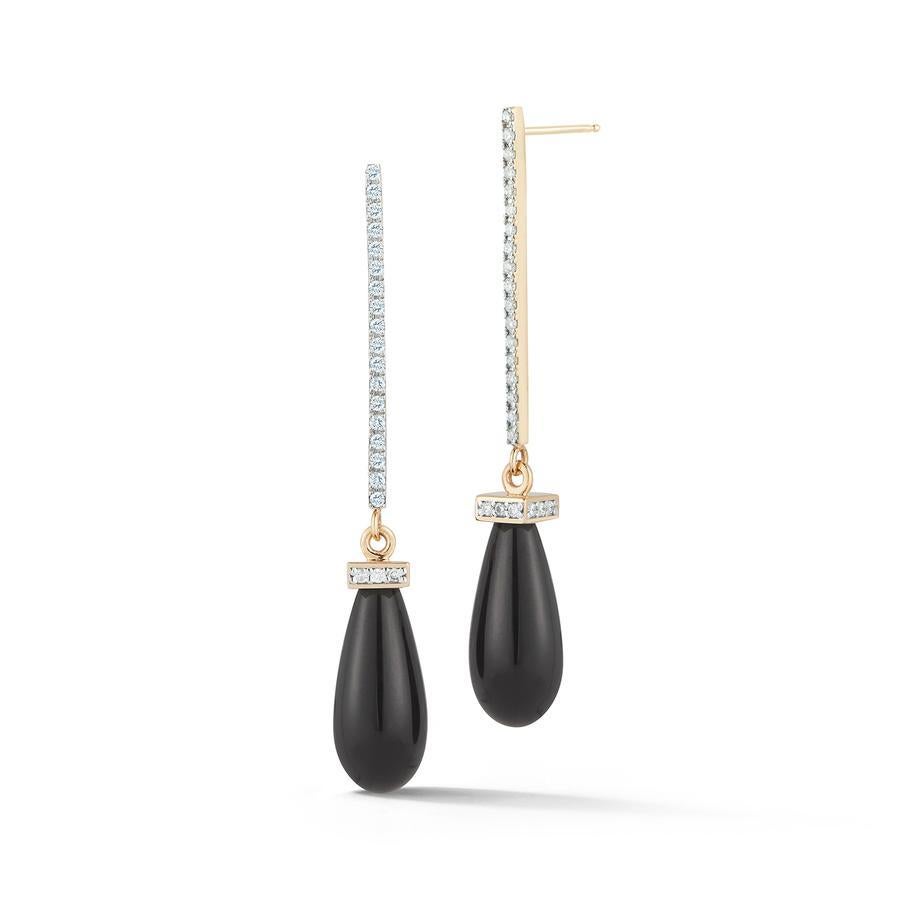 Beautifully made in New York city of 14kt yellow gold, diamonds and black onyx drops. These earrings are sleek with its clean lines and bold black onyx gemstone.
