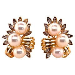 14kt Pearl and Diamond Omega Back Earrings 