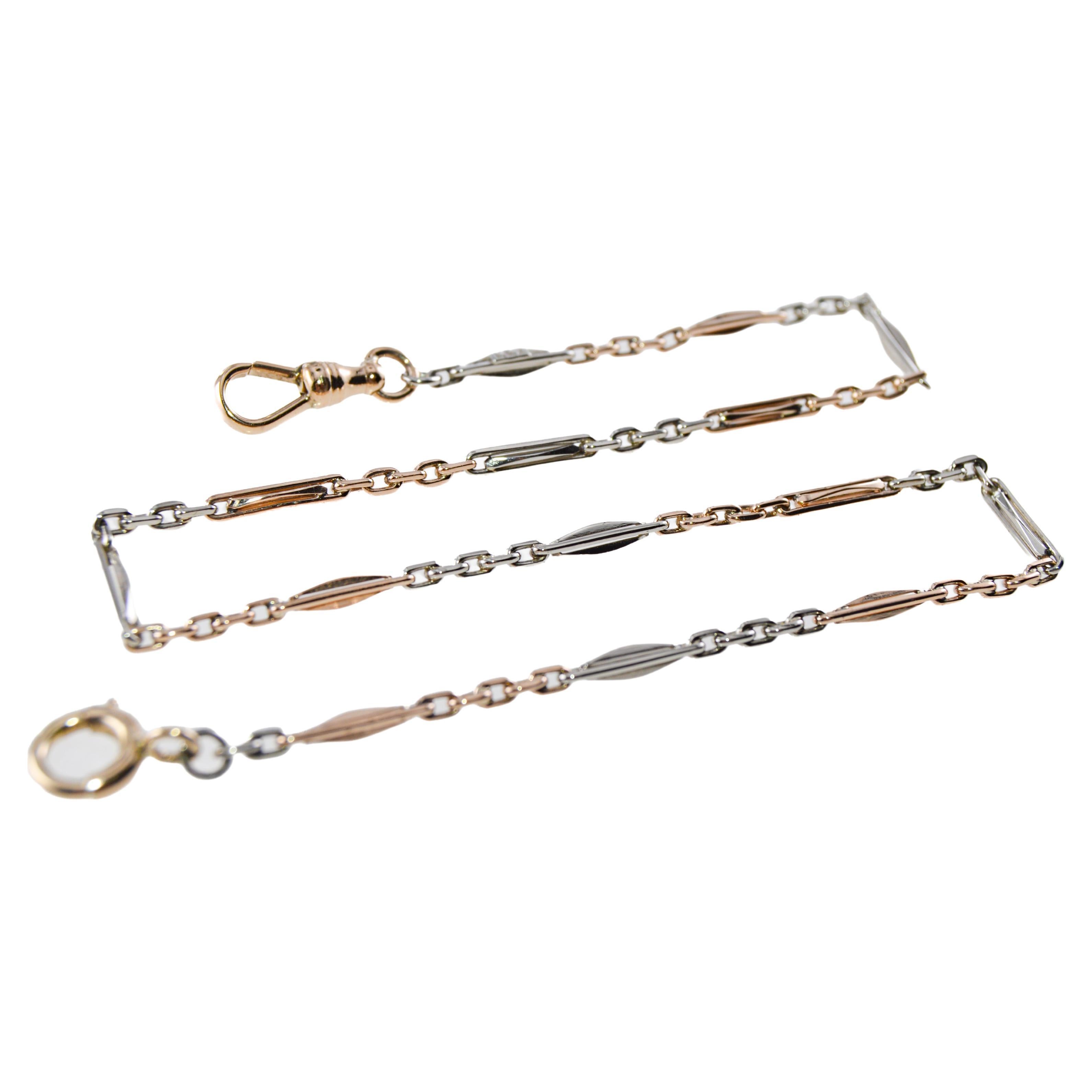METAL / MATERIAL: Two-Tone 14Kt Pink & White Gold
CIRCA / YEAR: 1920's / 30's
ATTACHMENT / LENGTH: 15 Inches in Length

This is a great looking hand made necklace or bracelet, pocket watch chain. Each link is hand constructed and the workmanship is