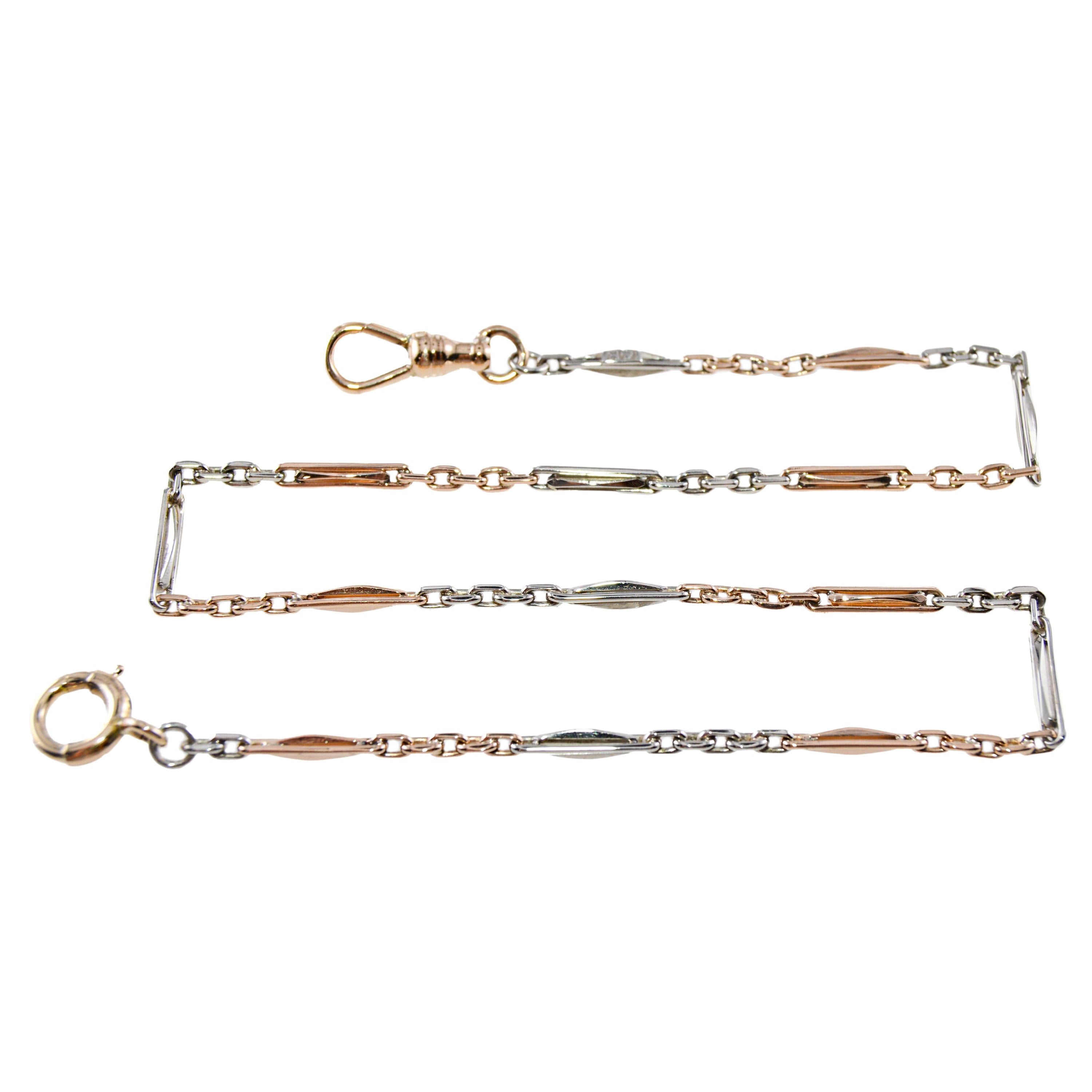 Collar, pulsera o cadena de reloj de bolsillo de oro rosa y blanco de 14 quilates