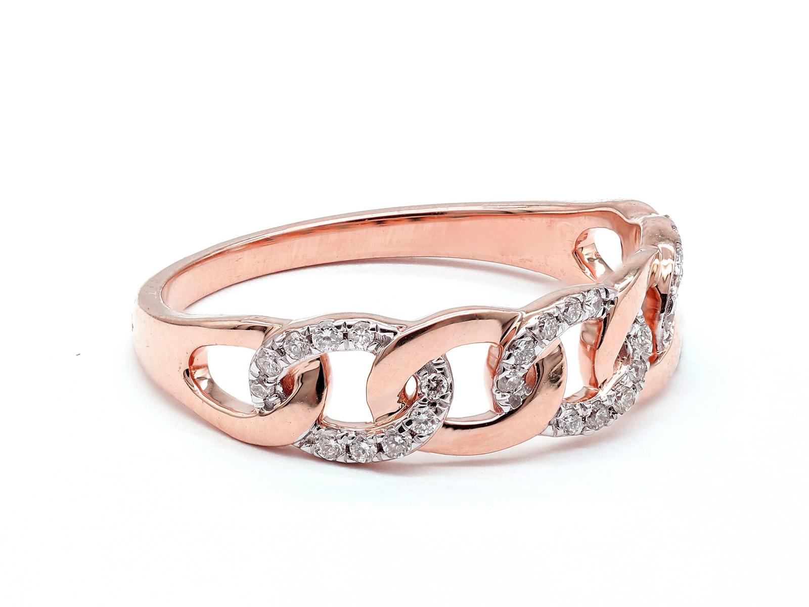 Taille brillant Bague de mode à maillons cubains en or rose 14KT avec diamants en vente