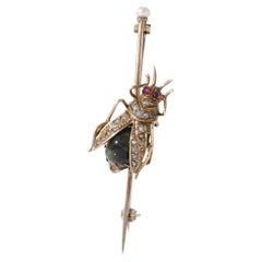 Antique 14kt. pink gold insect brooch with rubies, seed pearls and cat's eye 
