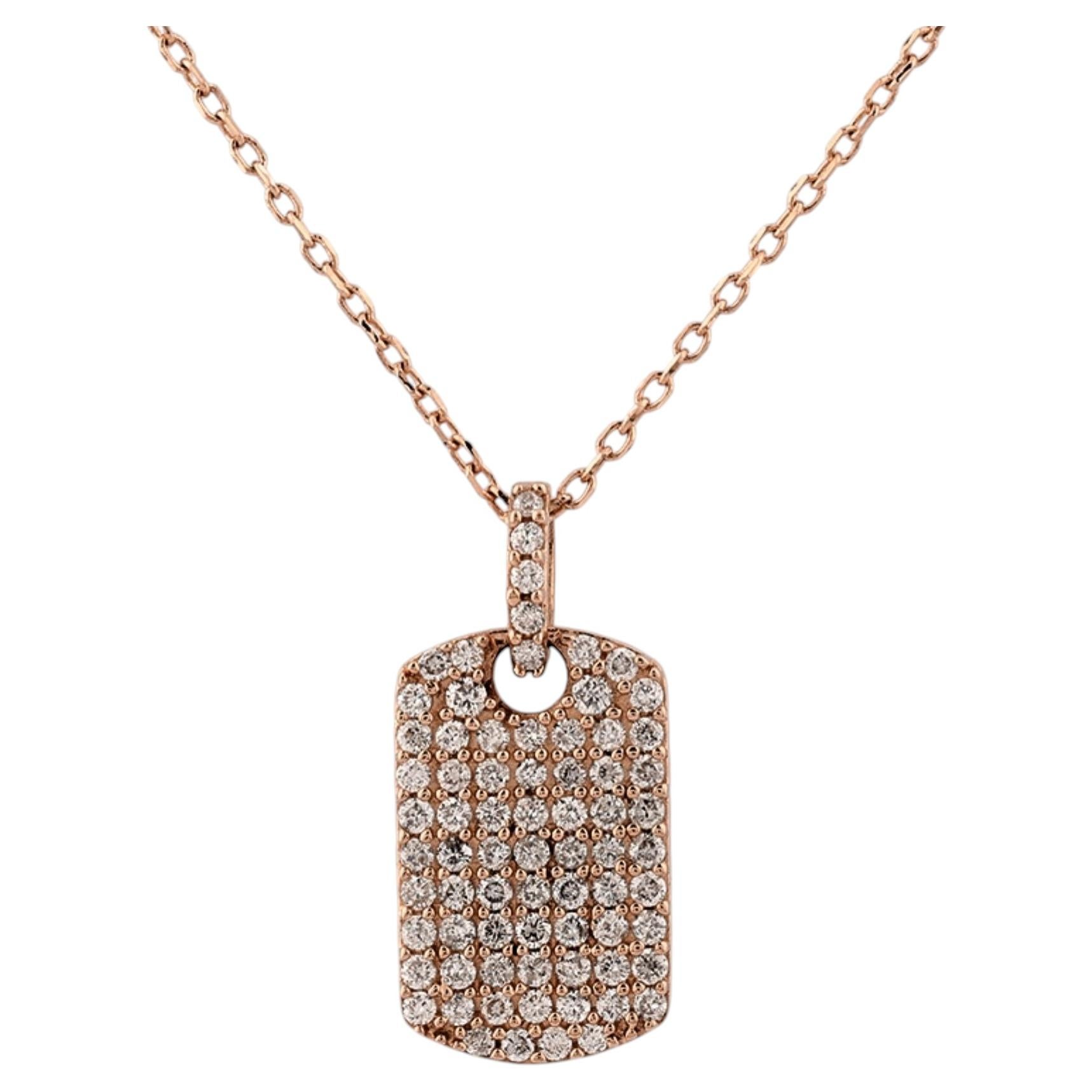 14KT Pink Gold Pave Diamond Dog Tag Pendant Necklace