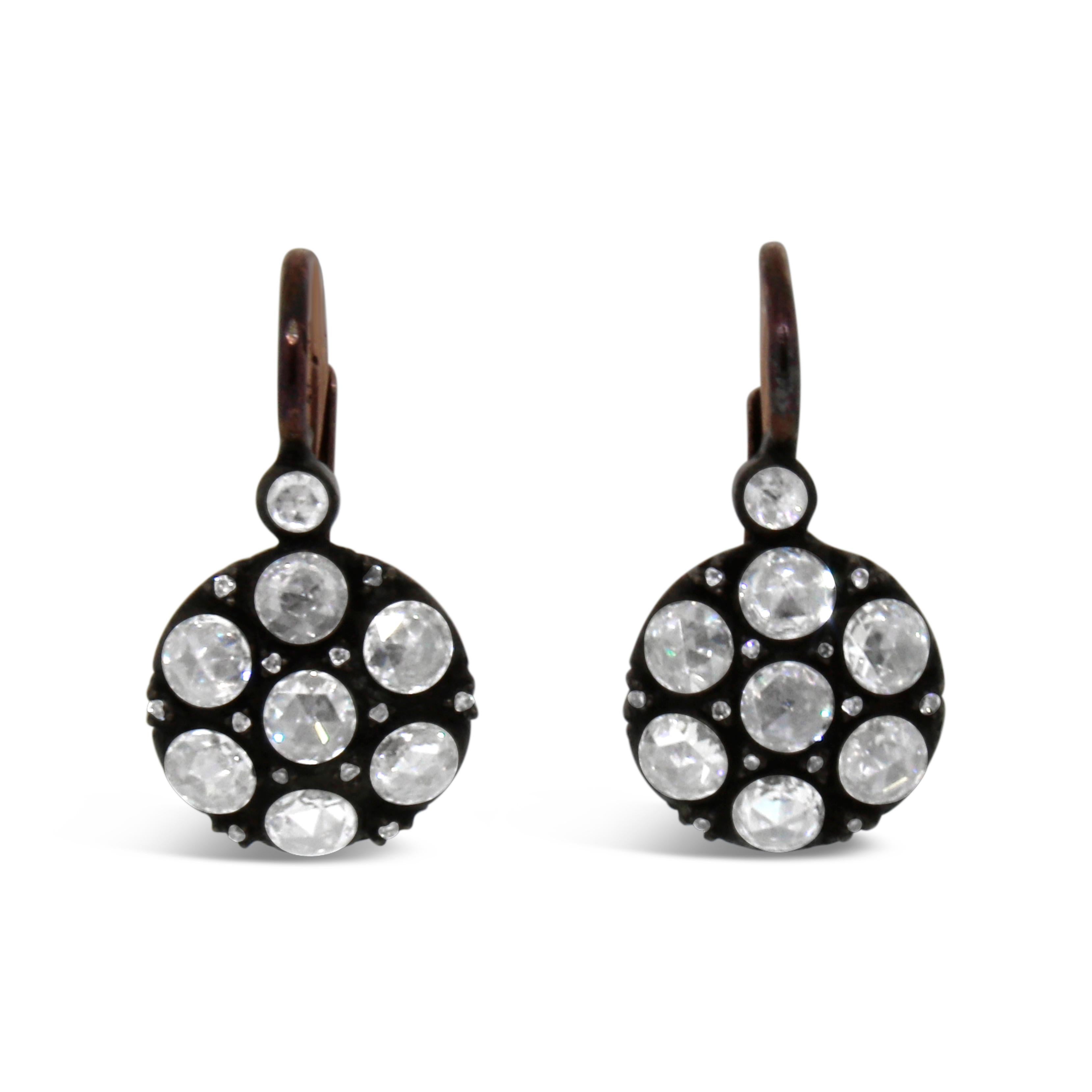 14kt Pink Gold Rose Cut Diamond Hanging Earrings For Sale 2