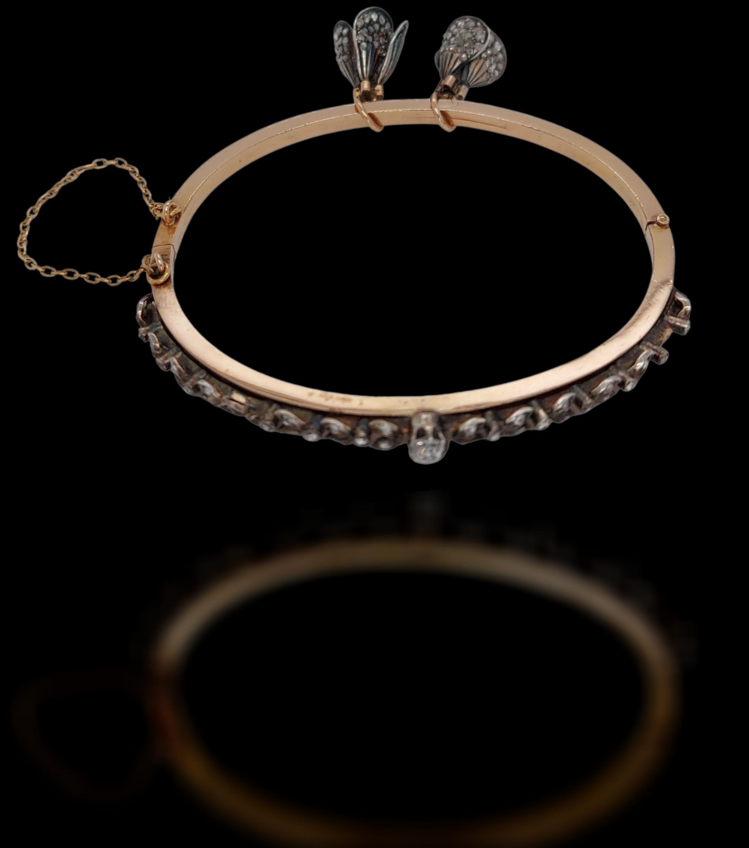 14kt Pink Gold, Silver Vintage Bangle Bracelet With Old Cut & Rose Cut Diamonds For Sale 3