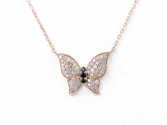 14KT Pink Gold Sterling Blue Sapphire and White Diamond Butterfly Necklace