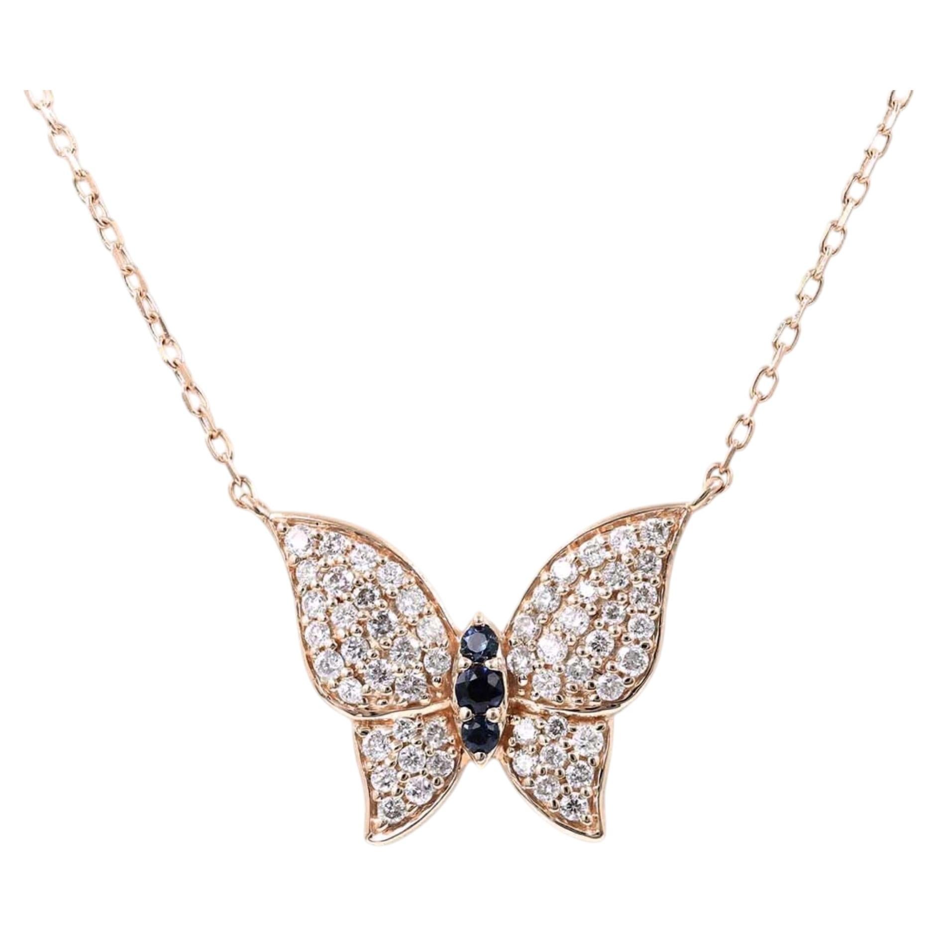 Collana a forma di farfalla in oro rosa 14 carati, argento sterling, zaffiro blu e diamanti bianchi