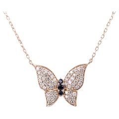 14KT Pink Gold Sterling Blue Sapphire and White Diamond Butterfly Necklace