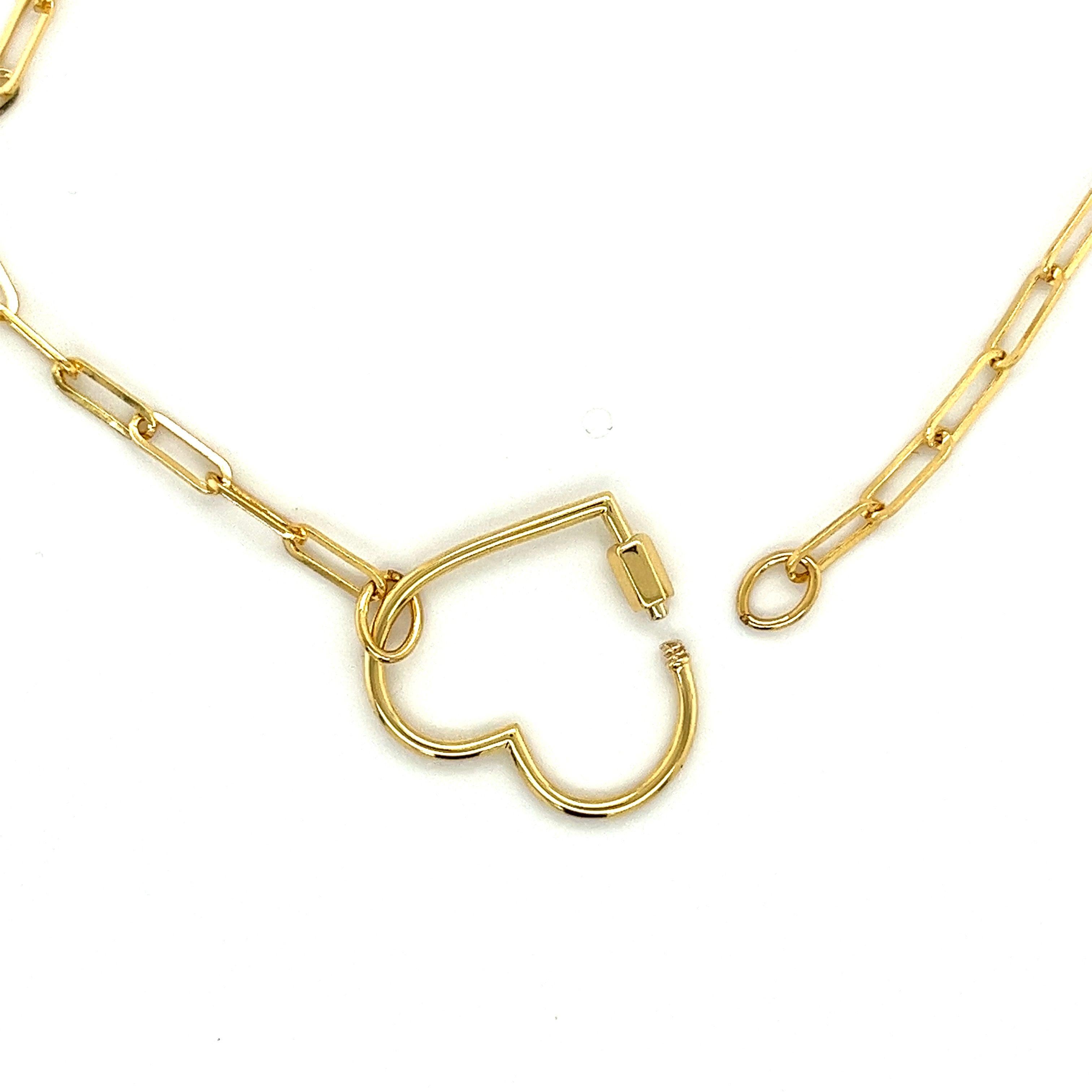14 Karat Real Gold Heart Charm Necklace with Paper Clip Chain In New Condition For Sale In Miami, FL